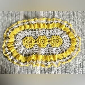 Vintage Large handmade bright yellow and white Floral crocheted lace doily